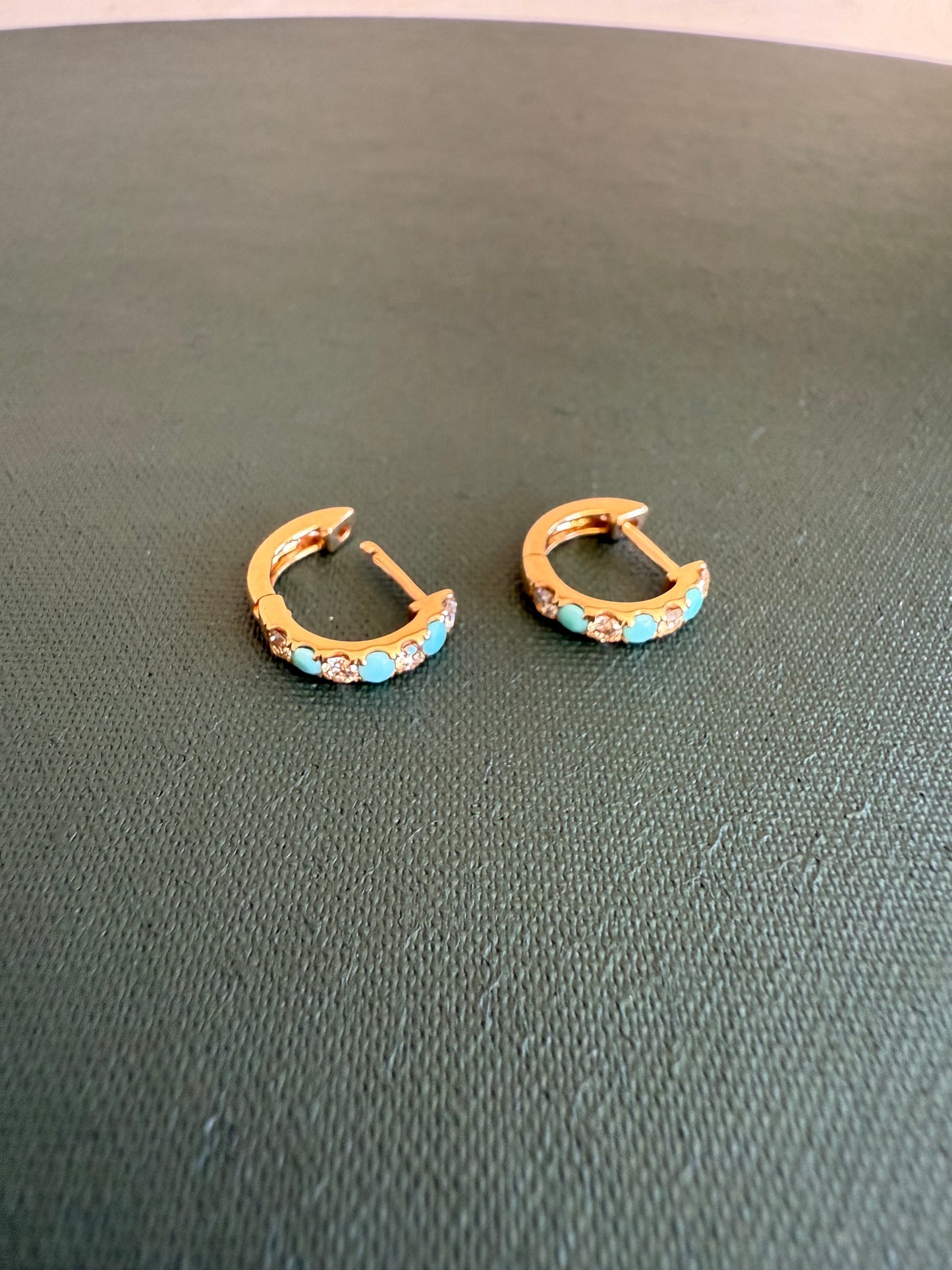Diamond + Turquoise 14k gold huggies