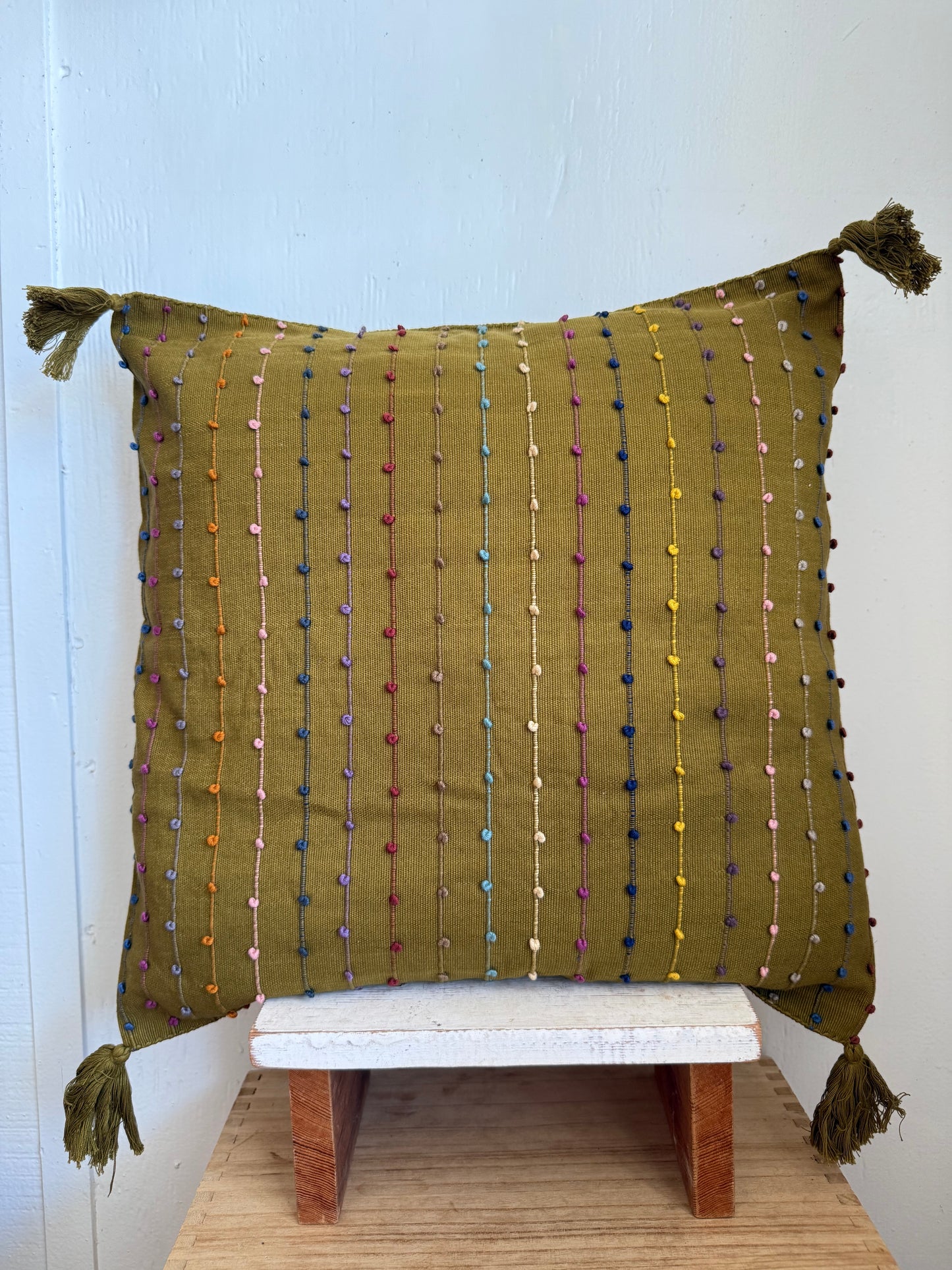 Mexican Handwoven Throw Pillow Cover Khaki Green/ Multi color Stripes