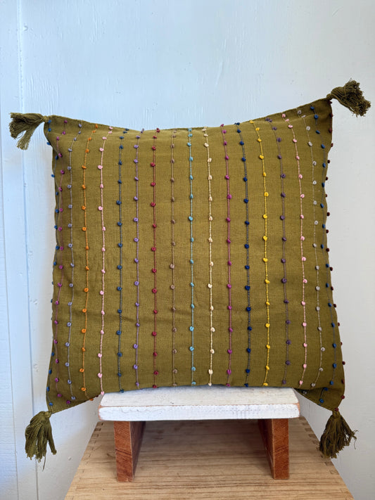 Mexican Handwoven Throw Pillow Cover Khaki Green/ Multi color Stripes