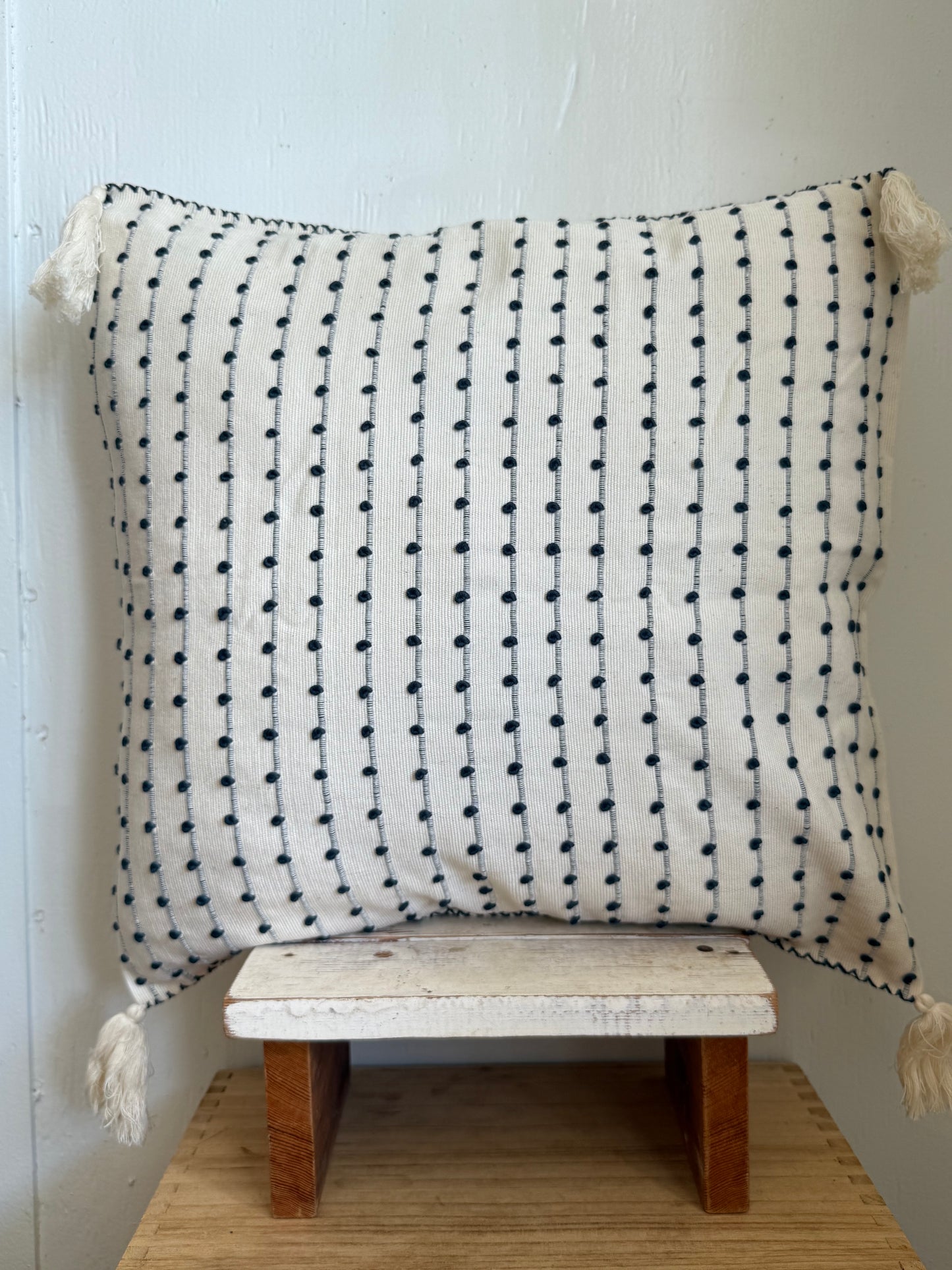 Mexican Handwoven Throw Pillow Cover Cream/ Dark Blue Stripe