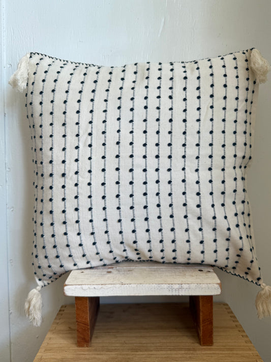 Mexican Handwoven Throw Pillow Cover Cream/ Dark Blue Stripe