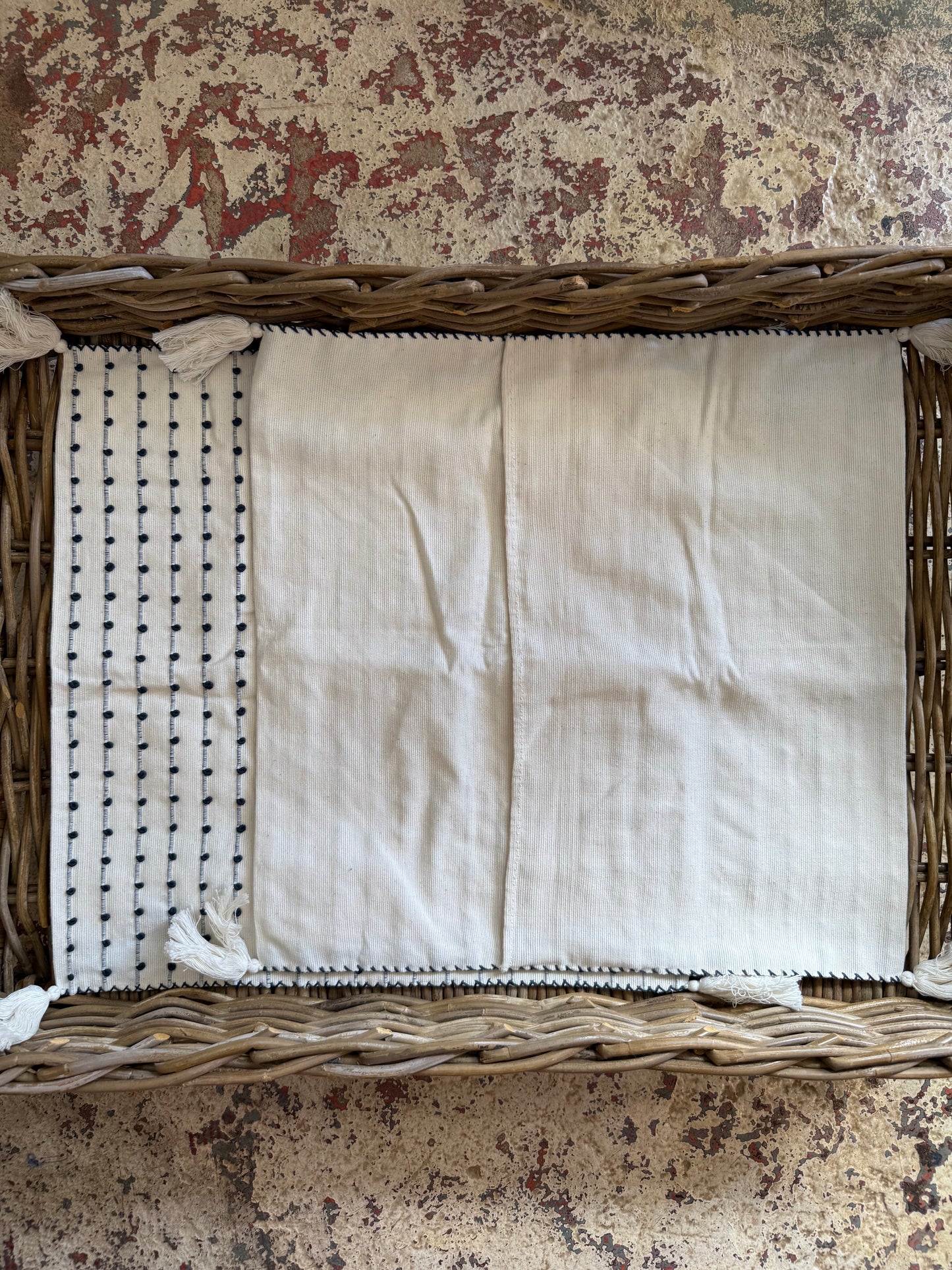 Mexican Handwoven Throw Pillow Cover Cream/ Dark Blue Stripe