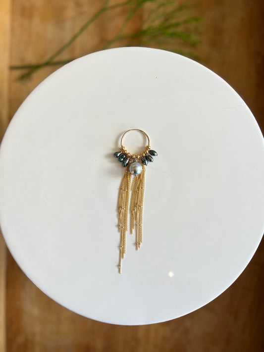 Blue Pistachio pearl and keshi fringe chain one sided hoop