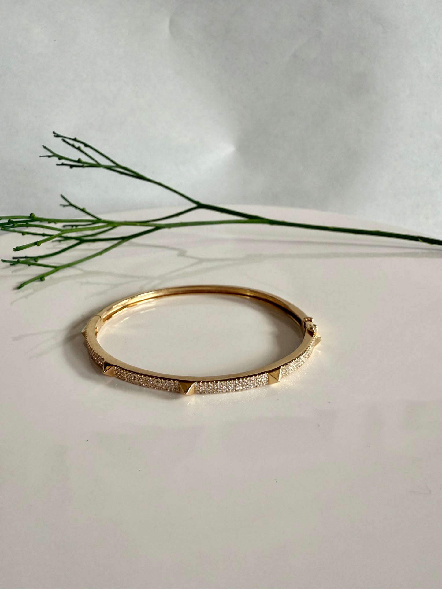 14k Yellow Gold Pyramid Diamond Bangle 3 Row