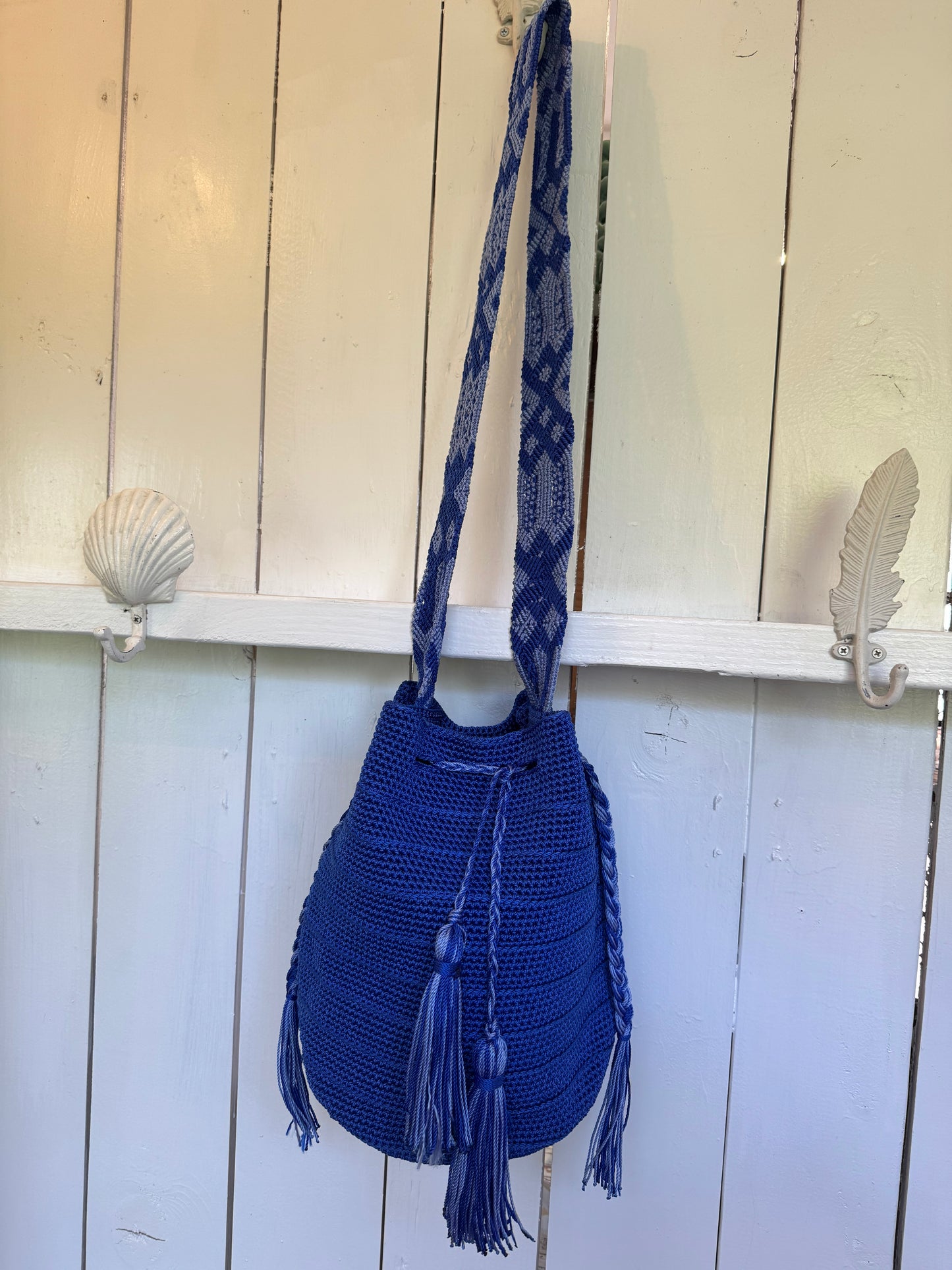 Mexican Handwoven Bucket Bag | Multi color Strap Tall Royal Blue