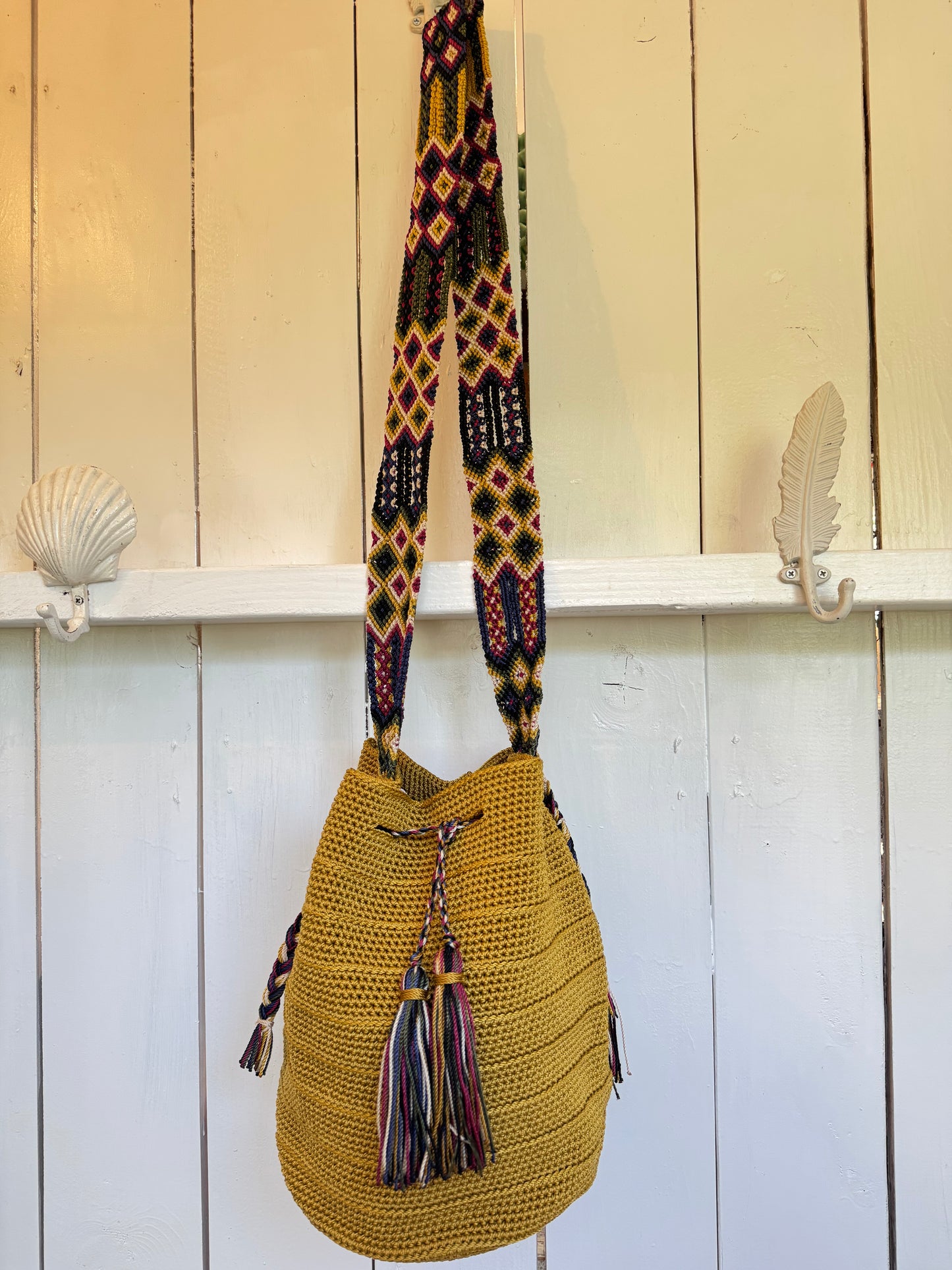 Mexican Handwoven Bucket Bag | Multi color Strap Tall Mustard Yellow