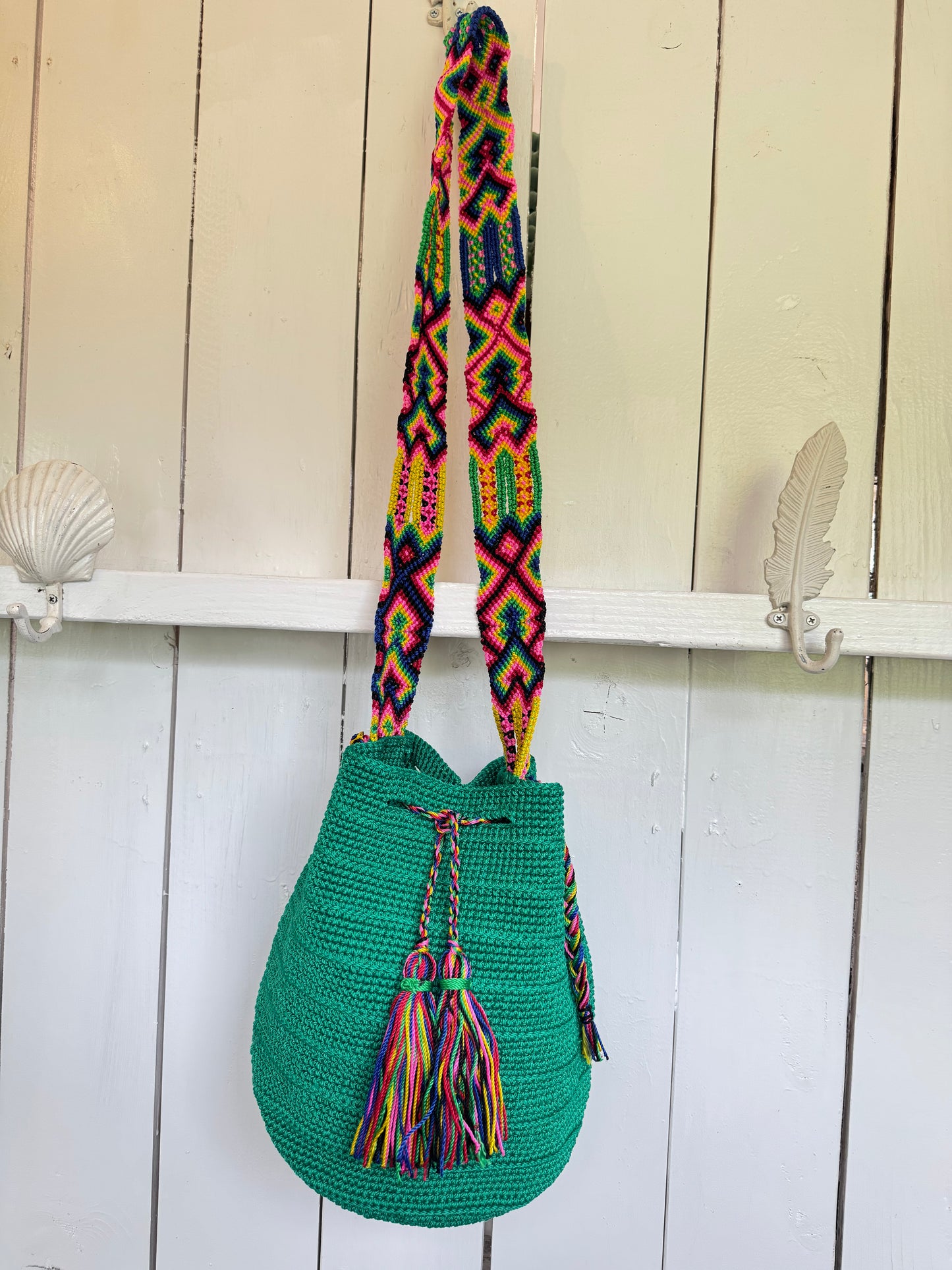 Mexican Handwoven Bucket Bag | Multi color Strap Tall Shamrock Green