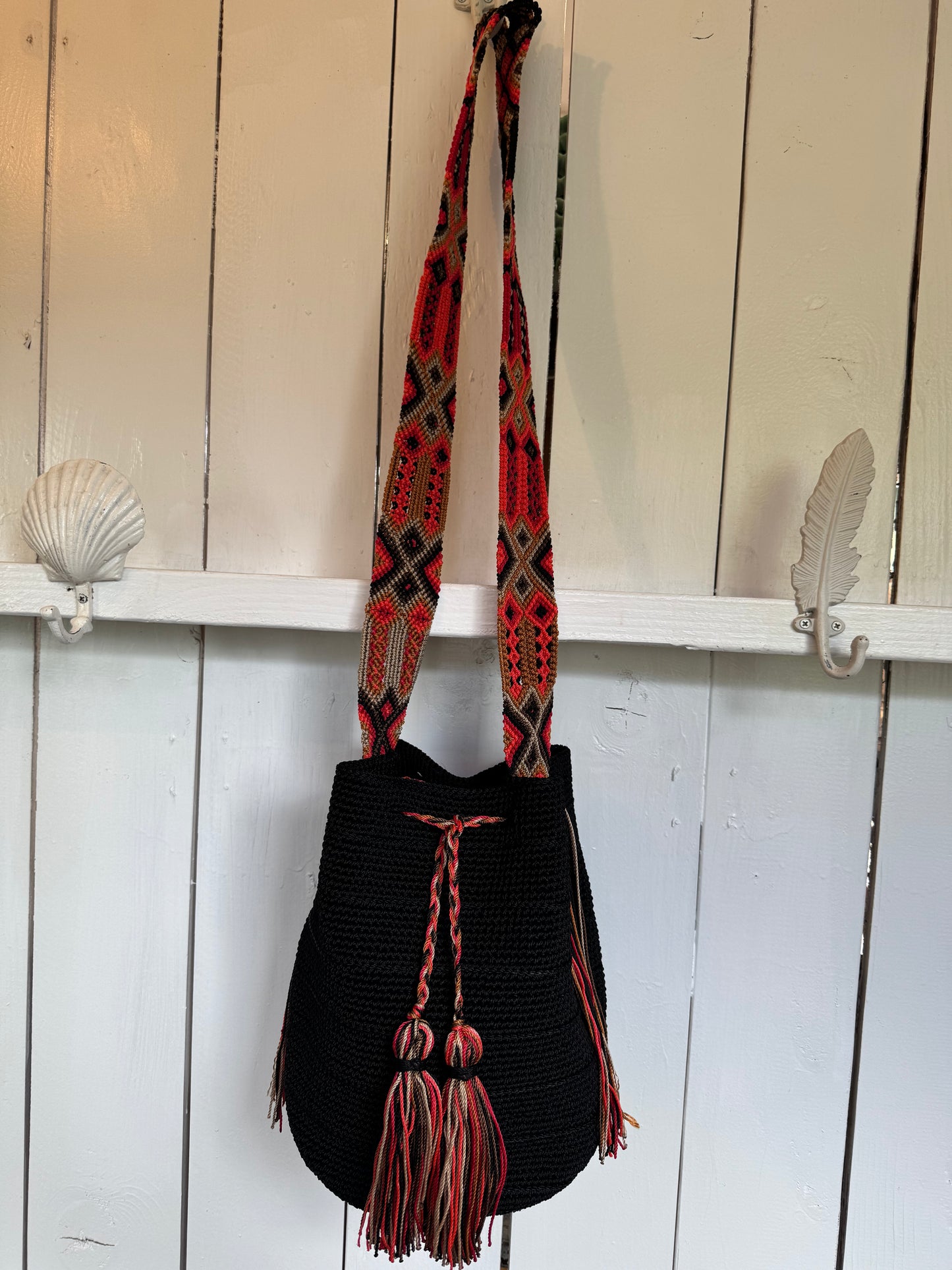Mexican Handwoven Bucket Bag | Multi color Strap Tall Black
