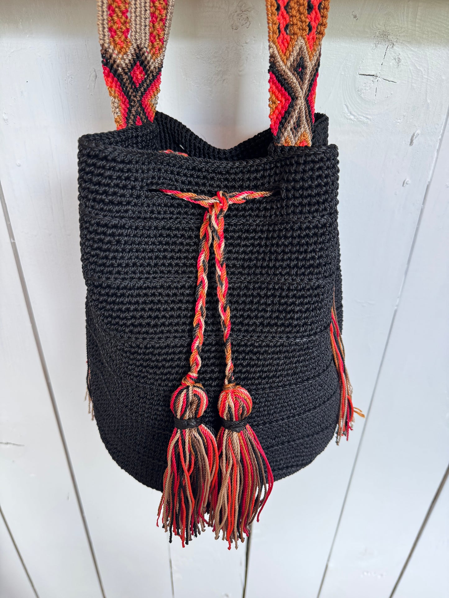 Mexican Handwoven Bucket Bag | Multi color Strap Tall Black