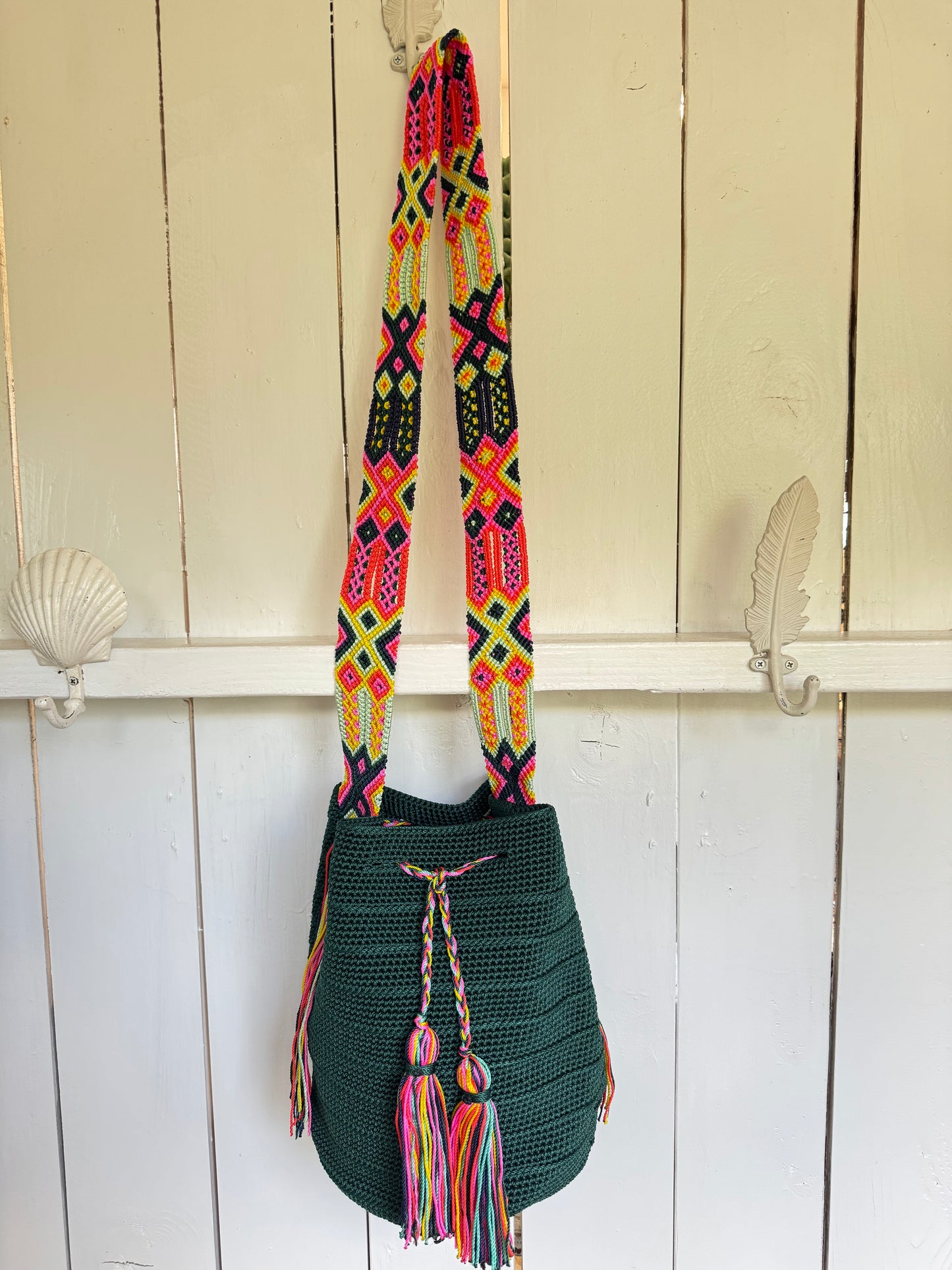 Mexican Handwoven Bucket Bag | Multi color Strap Tall Dark Teal Green