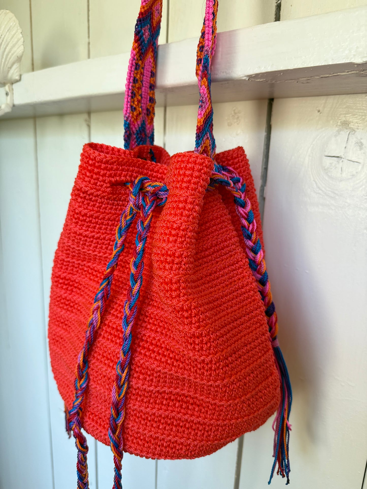Mexican Handwoven Bucket Bag | Multi color Strap Medium Neon Orange
