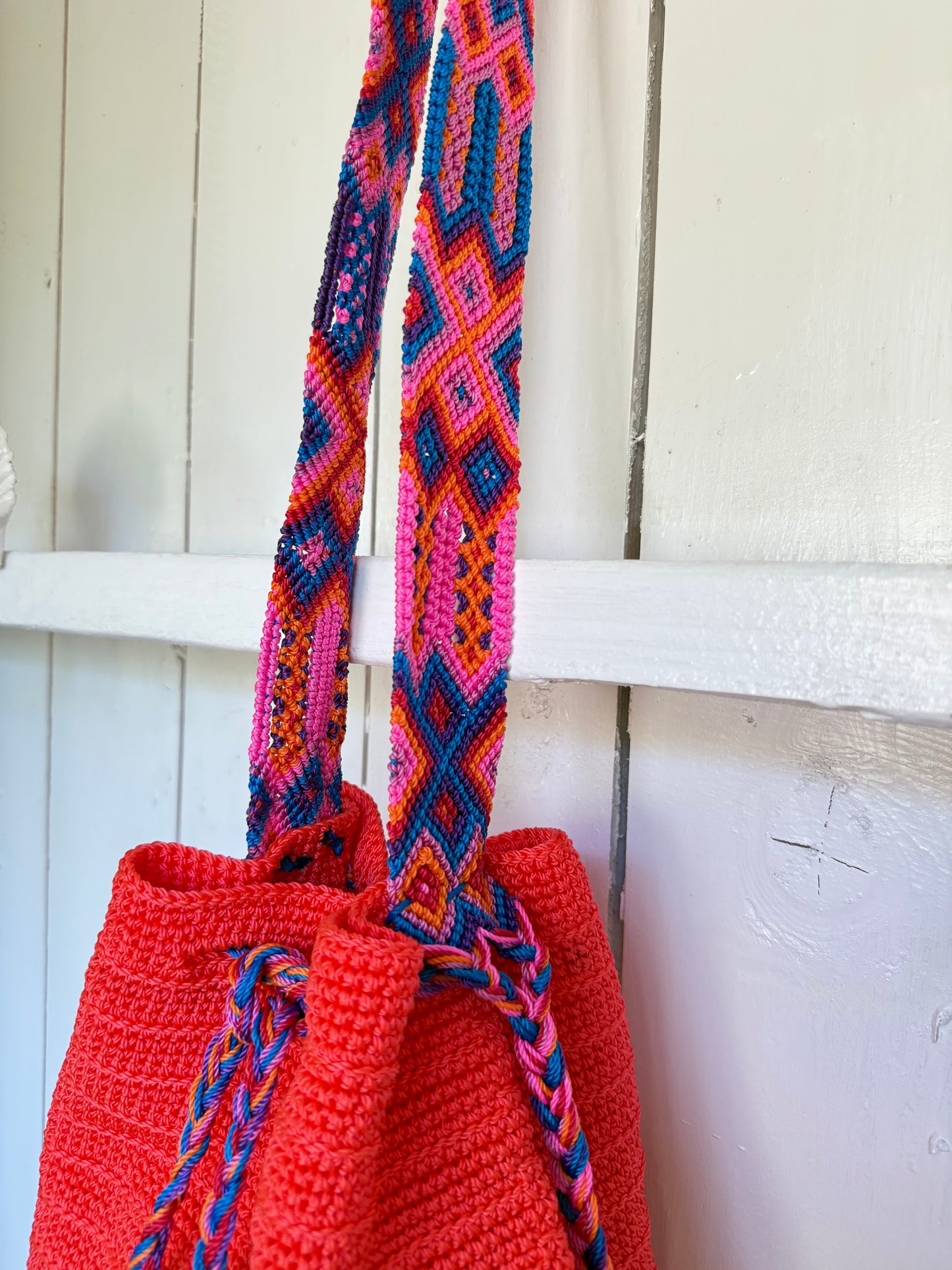 Mexican Handwoven Bucket Bag | Multi color Strap Medium Neon Orange