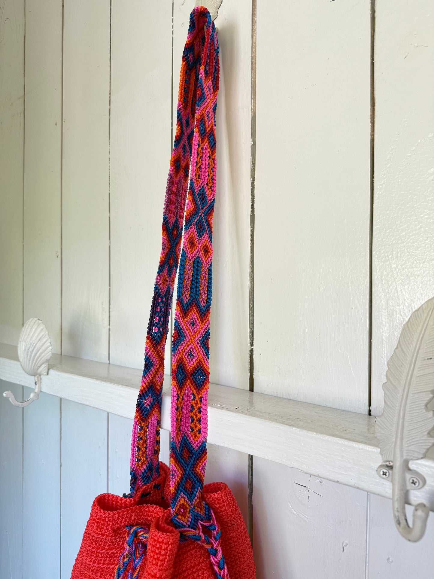 Mexican Handwoven Bucket Bag | Multi color Strap Medium Neon Orange