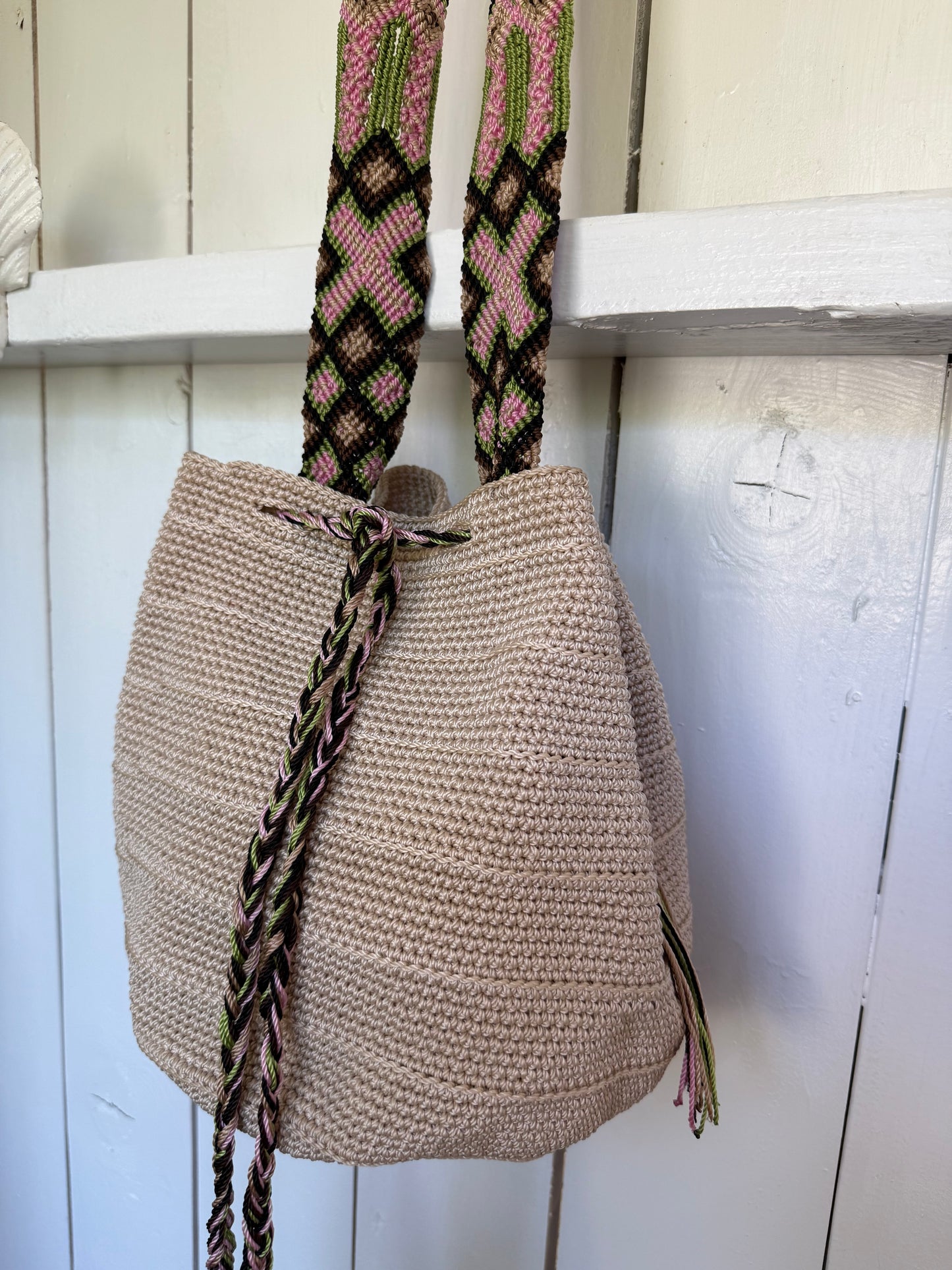 Mexican Handwoven Bucket Bag | Multi color Strap Medium Sand