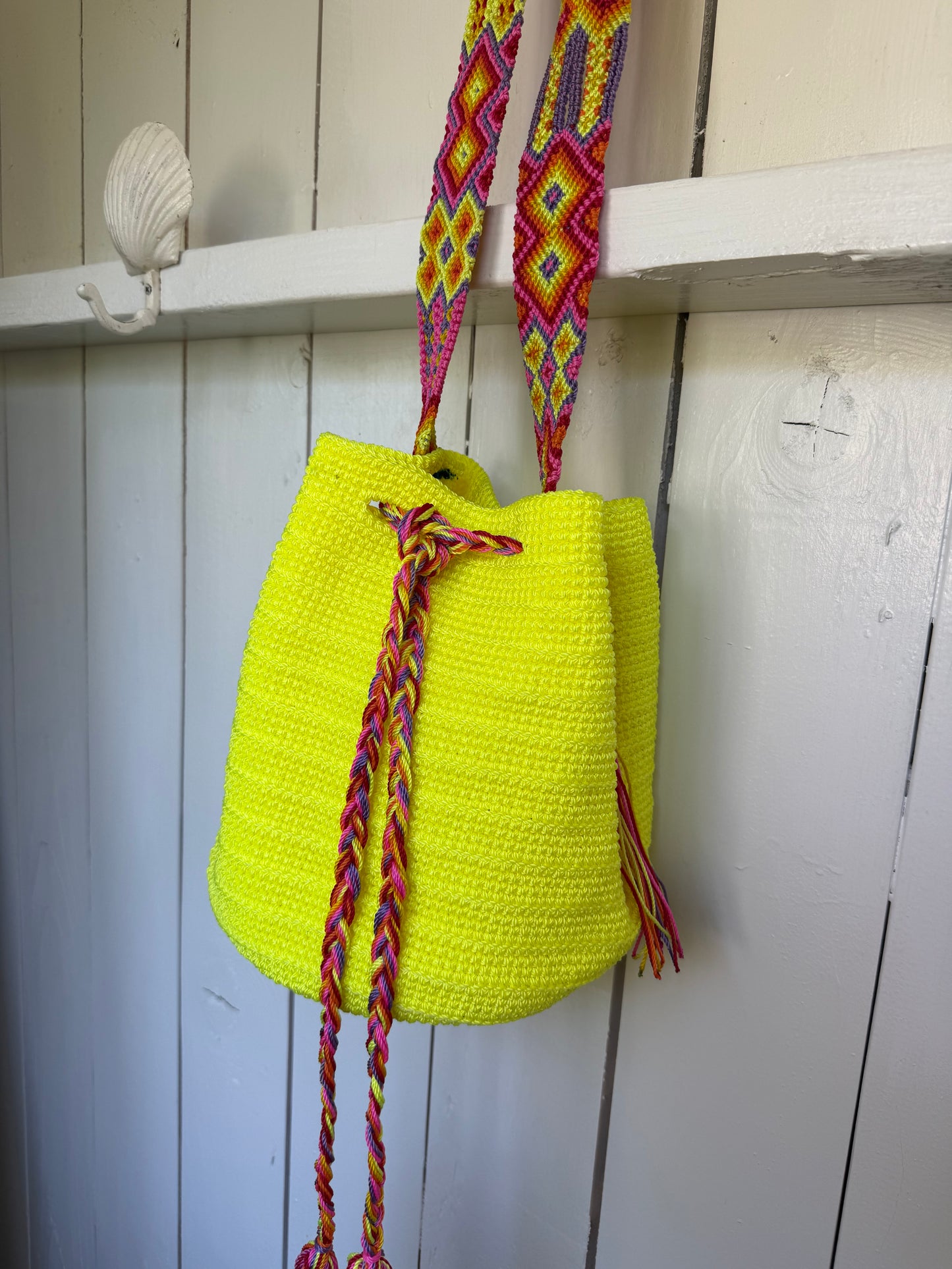 Mexican Handwoven Bucket Bag | Multi color Strap Medium Neon Yellow