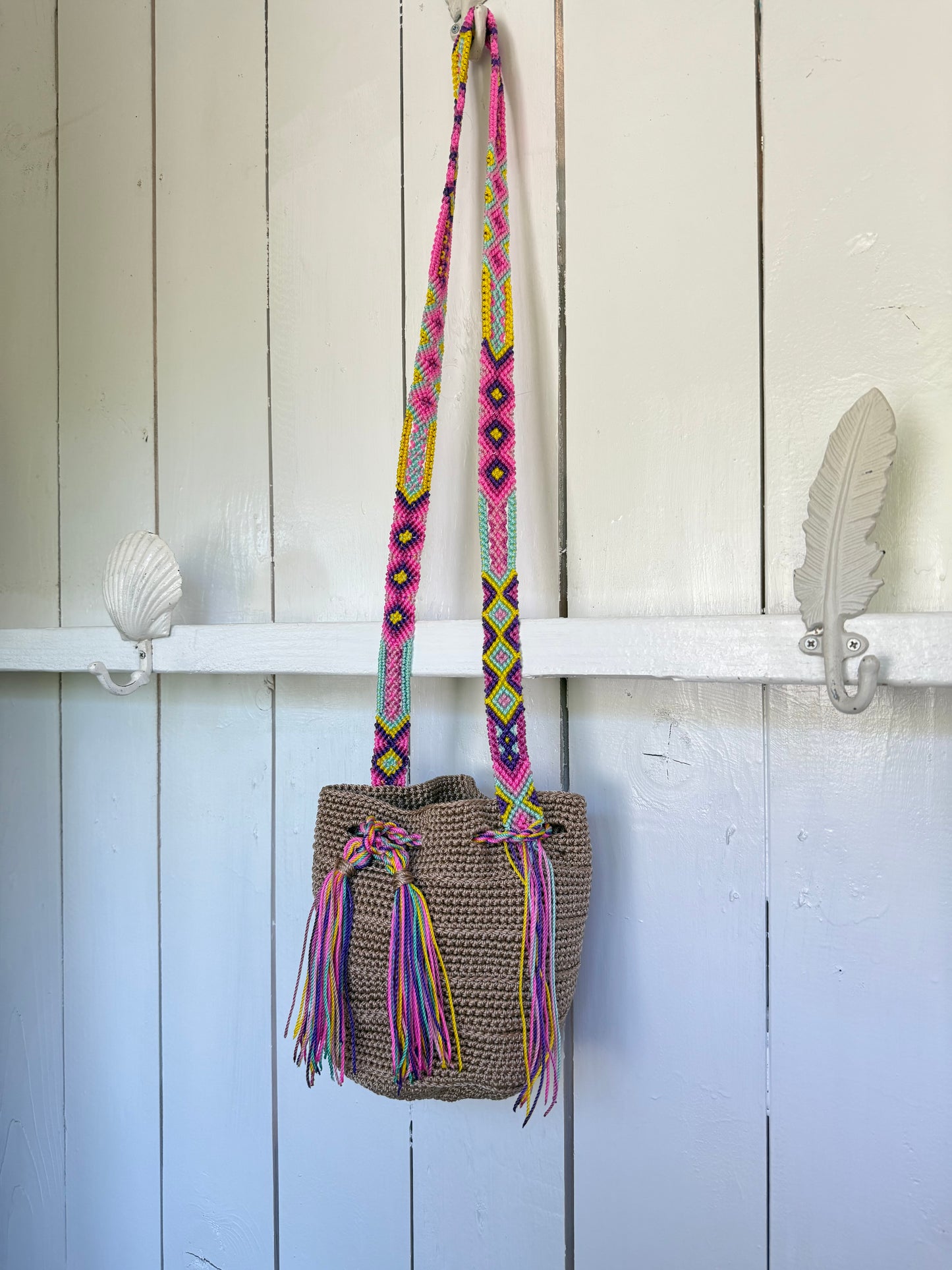 Mexican Handwoven Bucket Bag | Multi color Strap Small Khaki