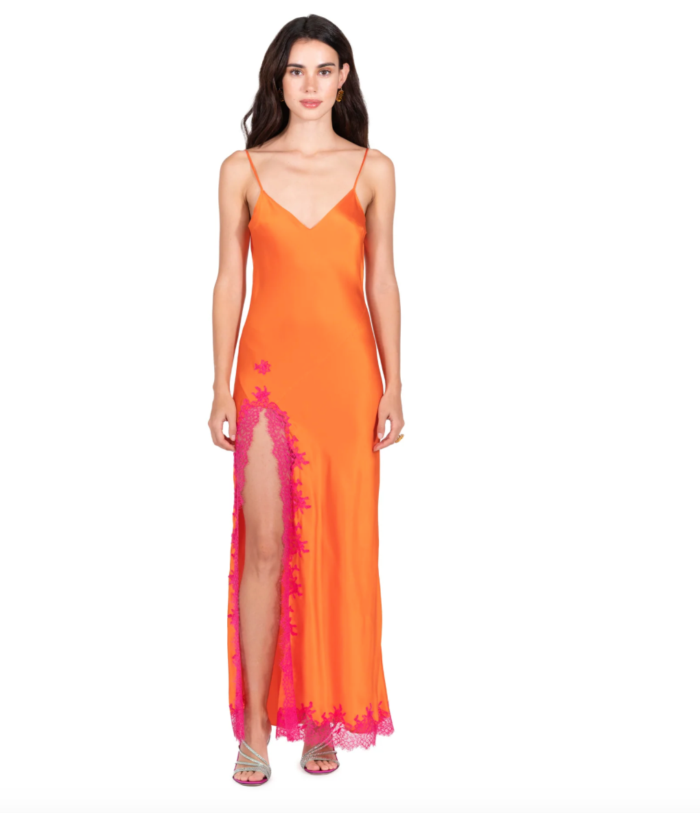 Dannijo Tangerine + Pink Lace Silk Slit Dress