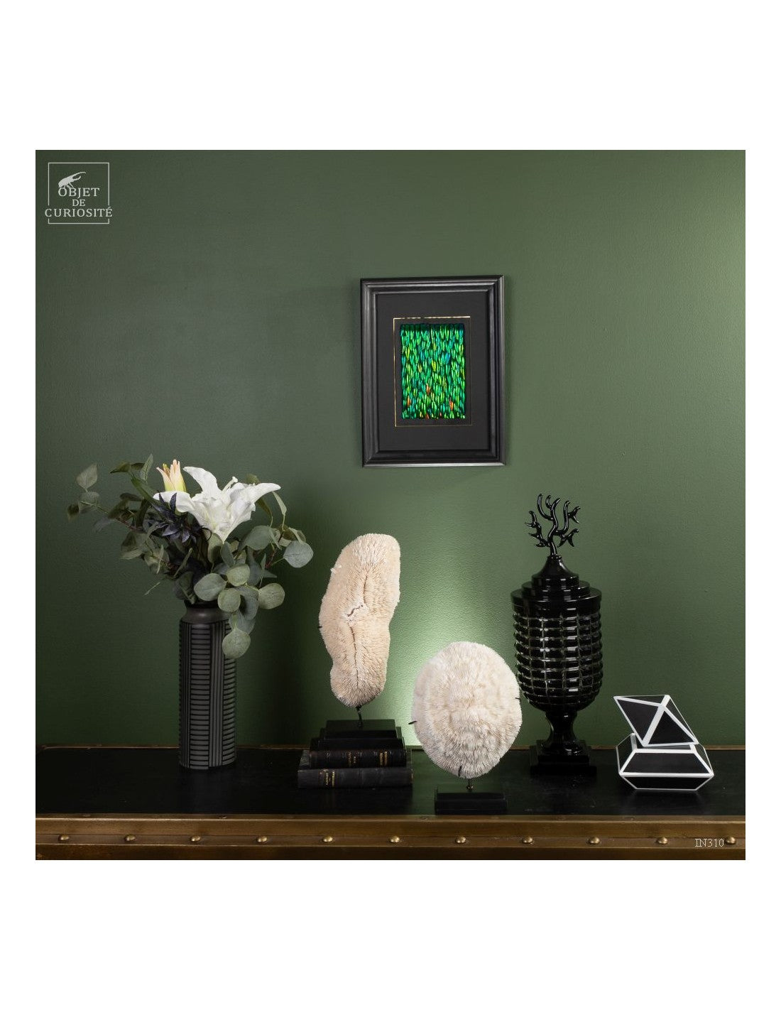 Jewel Green Beetle wings in rectangular frame