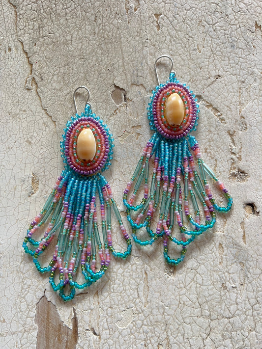 Beaded Cowry Top Loop Fringe Bottom Earrings