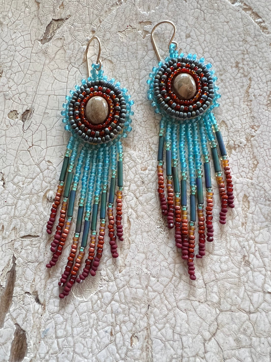 Beaded Gemstone Top Fringe Bottom Earrings