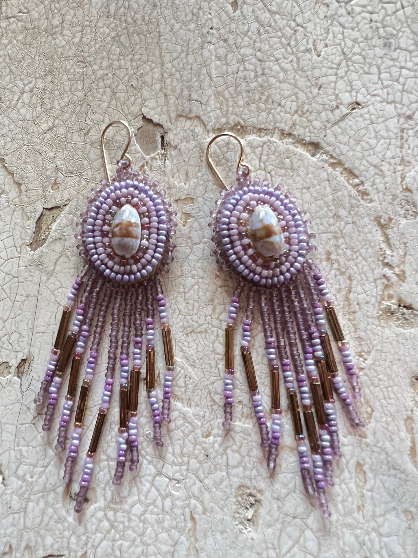 Beaded Shell Top Fringe Bottom Earrings