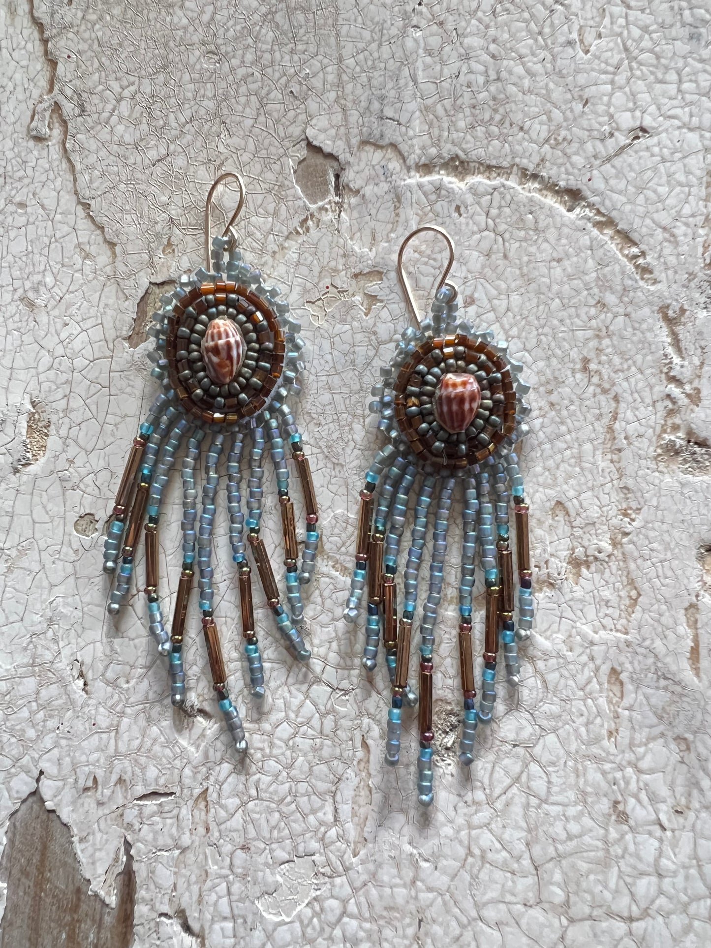 Beaded Shell Top Fringe Bottom Earrings