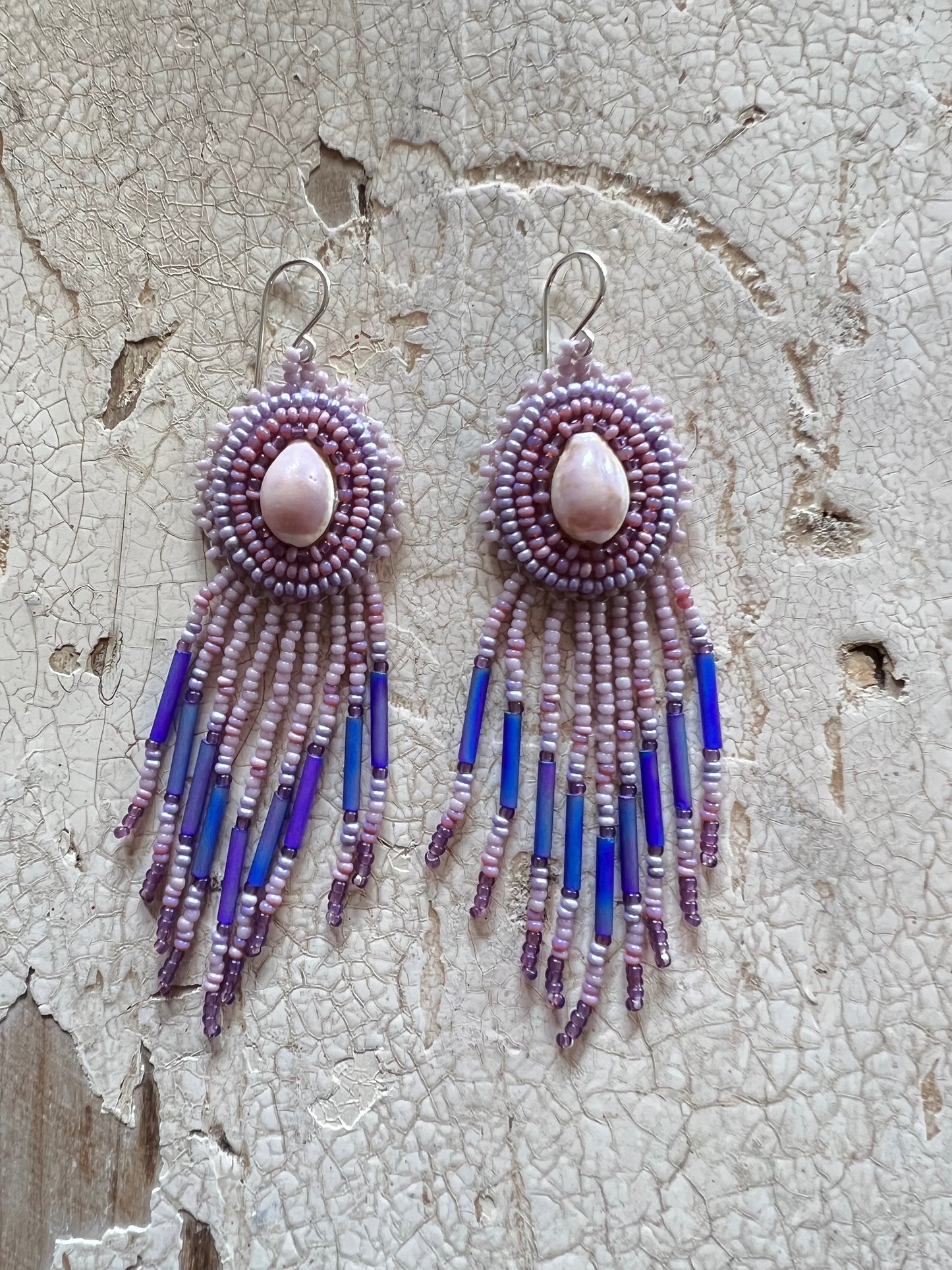 Beaded Shell Top Fringe Bottom Earrings