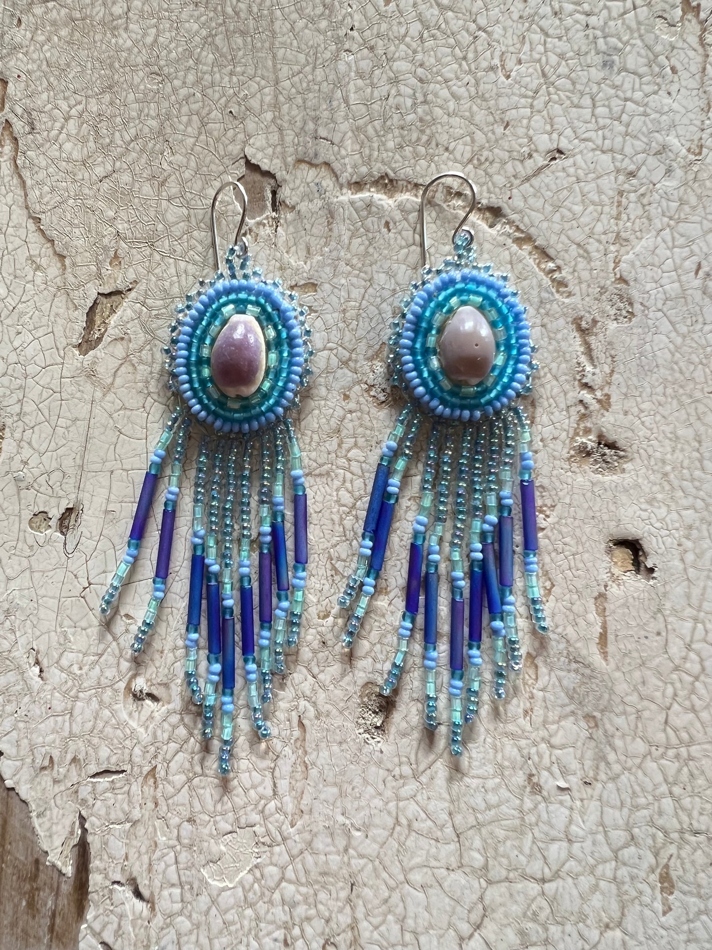 Beaded Shell Top Fringe Bottom Earrings