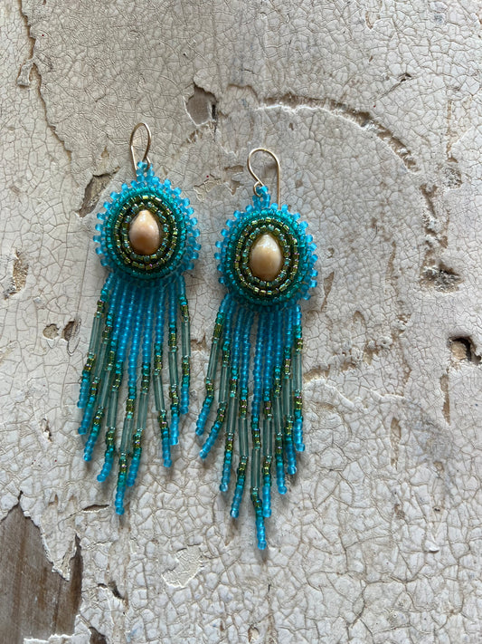 Beaded Shell Top Fringe Bottom Earrings