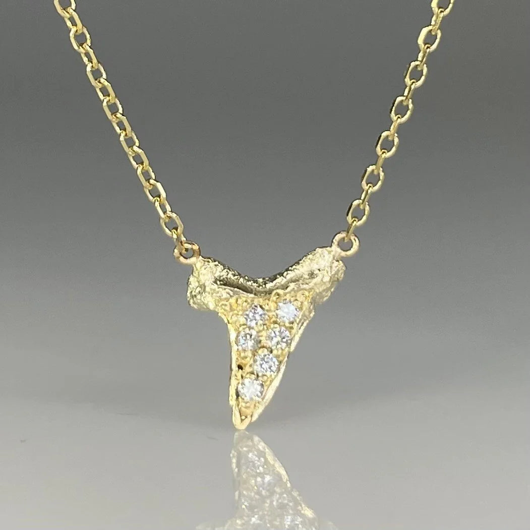 14k Yellow Gold Diamond Shark Tooth Necklace