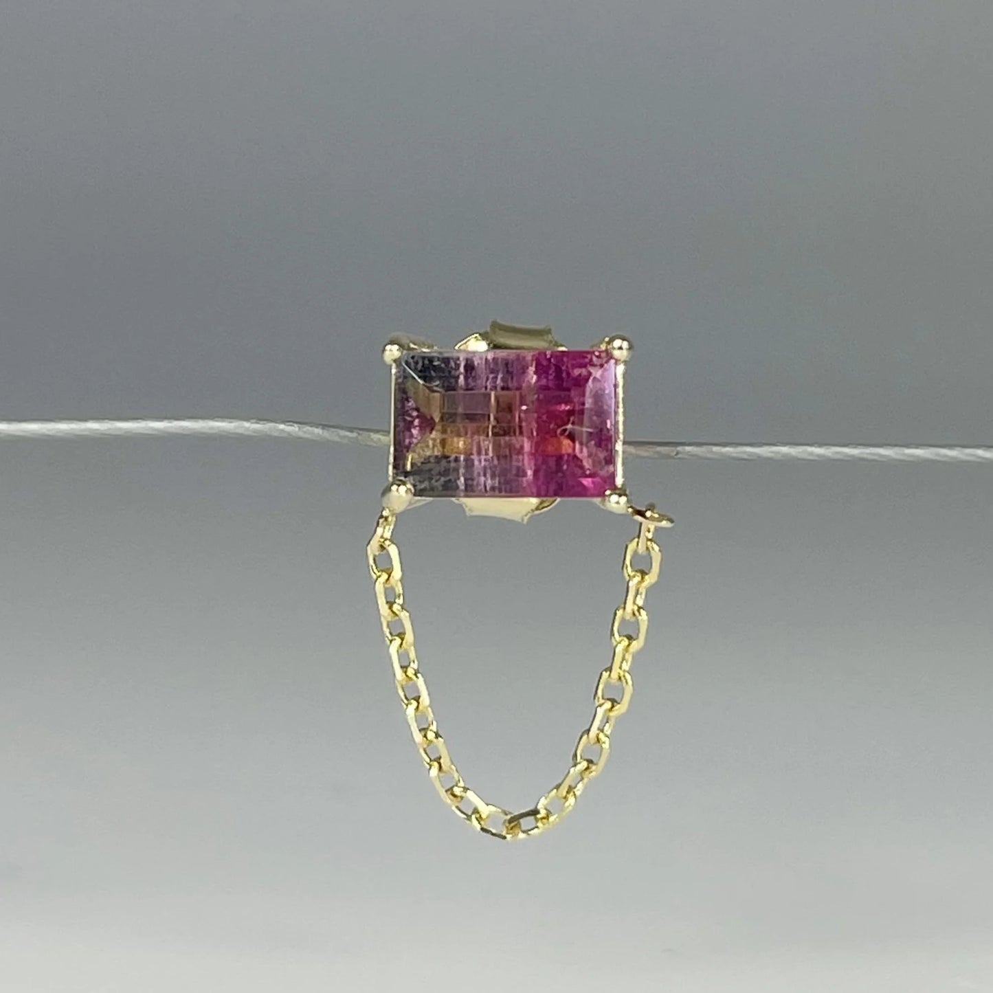 Watermelon Tourmaline Stud w/ Chain 14k Yellow Gold