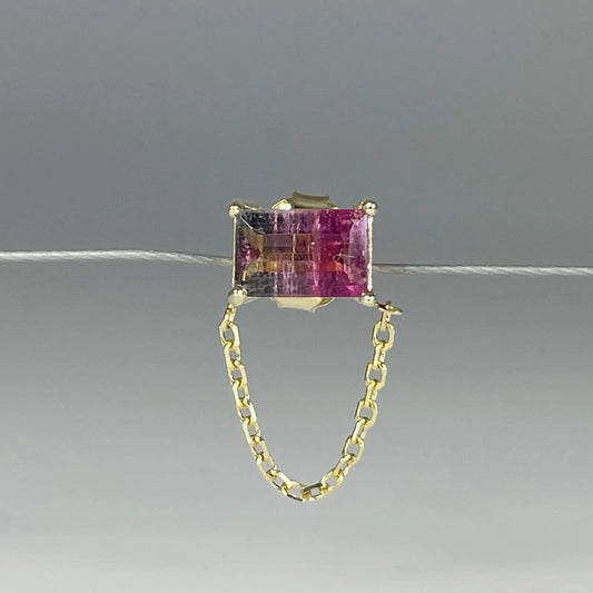 Watermelon Tourmaline Stud w/ Chain 14k Yellow Gold