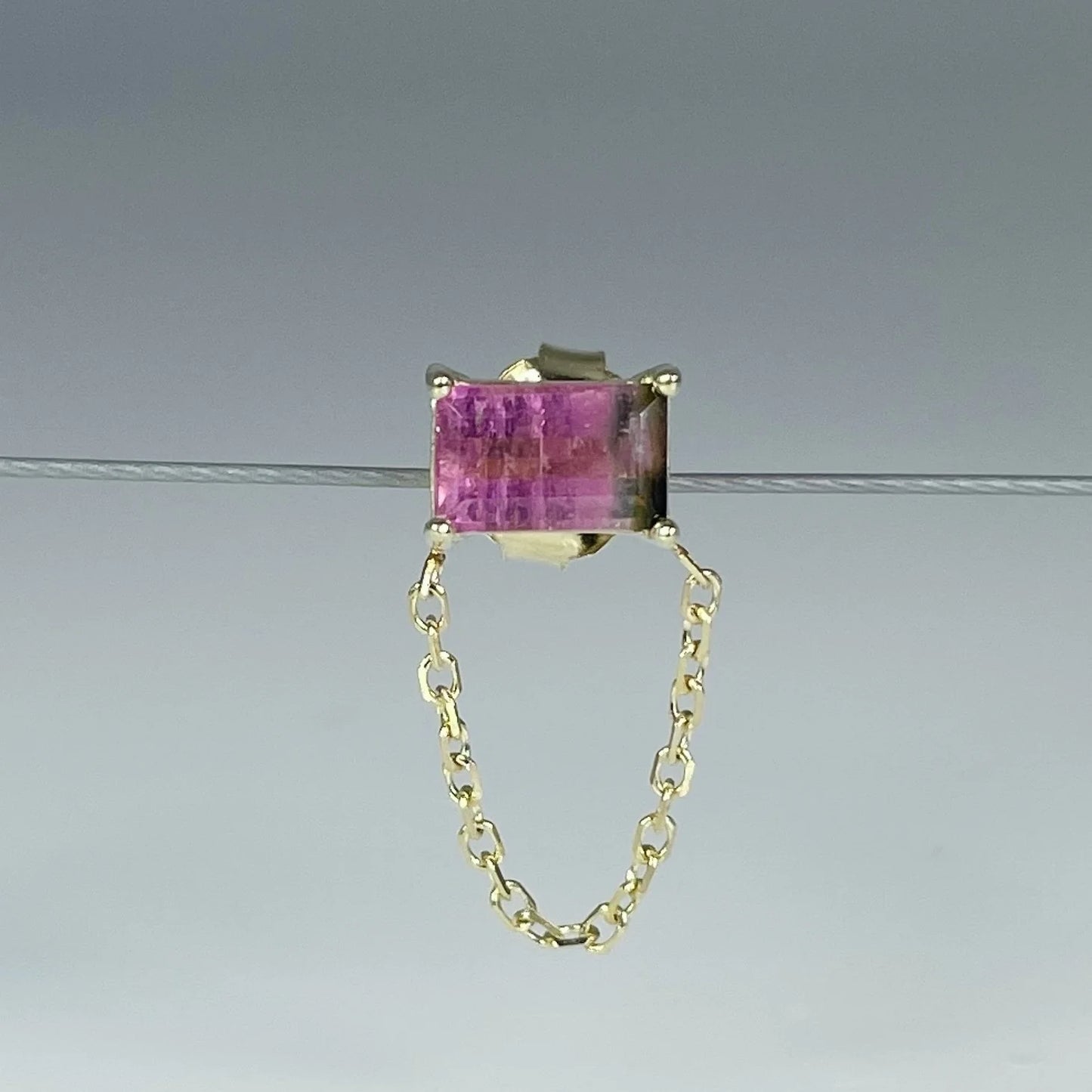 Watermelon Tourmaline Stud w/ Chain 14k Yellow Gold