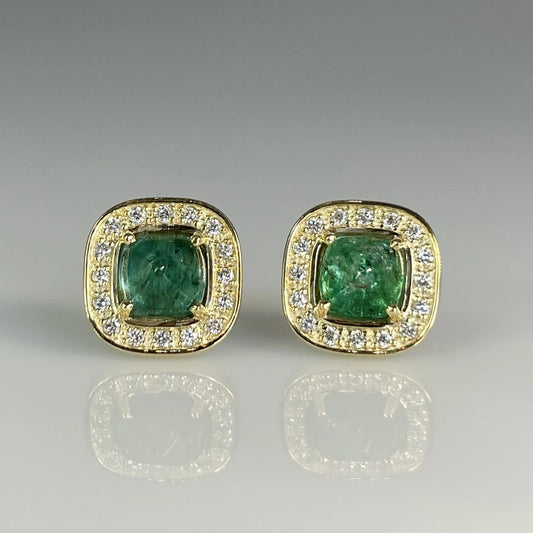 14K Yellow Gold Emerald + Diamond Studs
