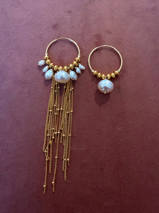 White south sea pearl and keshi fringe chain one sided hoop