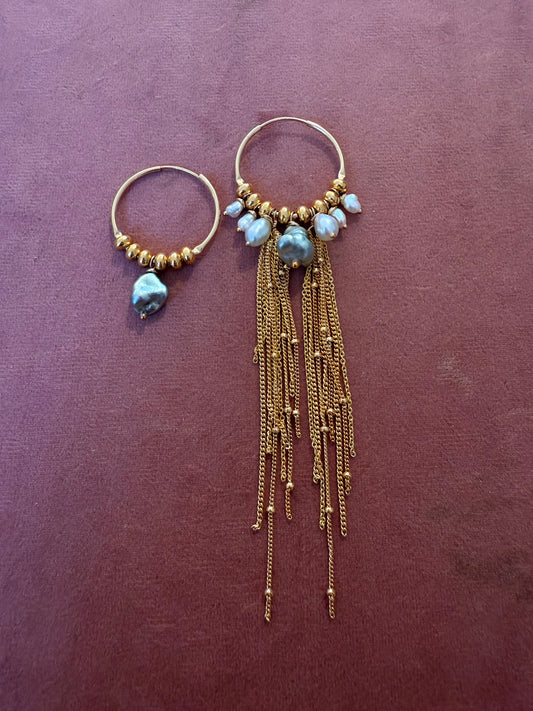 Blue Pistachio pearl and keshi fringe chain one sided hoop