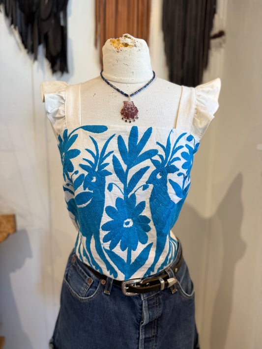Mexican Otamí Hand Embroidered Corset Top Teal