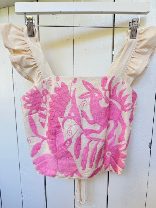 Mexican Otamí Hand Embroidered Corset Top Multi Pink