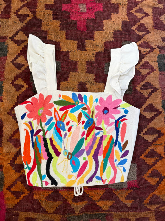 Mexican Otamí Hand Embroidered Corset Top Multi color Animal