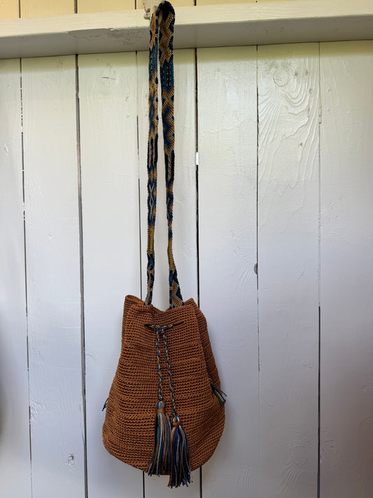 Mexican Handwoven Bucket Bag | Multi color Strap Tall Honey Brown
