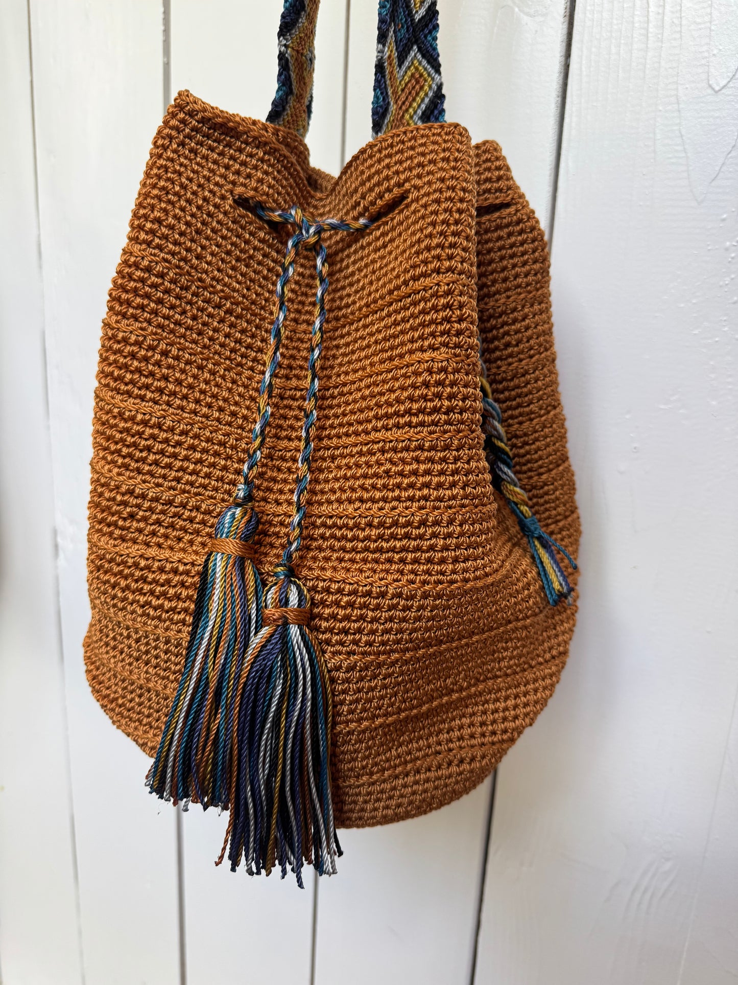 Mexican Handwoven Bucket Bag | Multi color Strap Tall Honey Brown