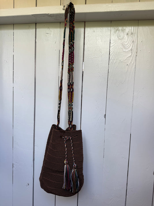 Mexican Handwoven Bucket Bag | Multi color Strap Tall Chocolate Brown