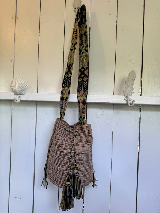 Mexican Handwoven Bucket Bag | Multi color Strap Tall Taupe Brown