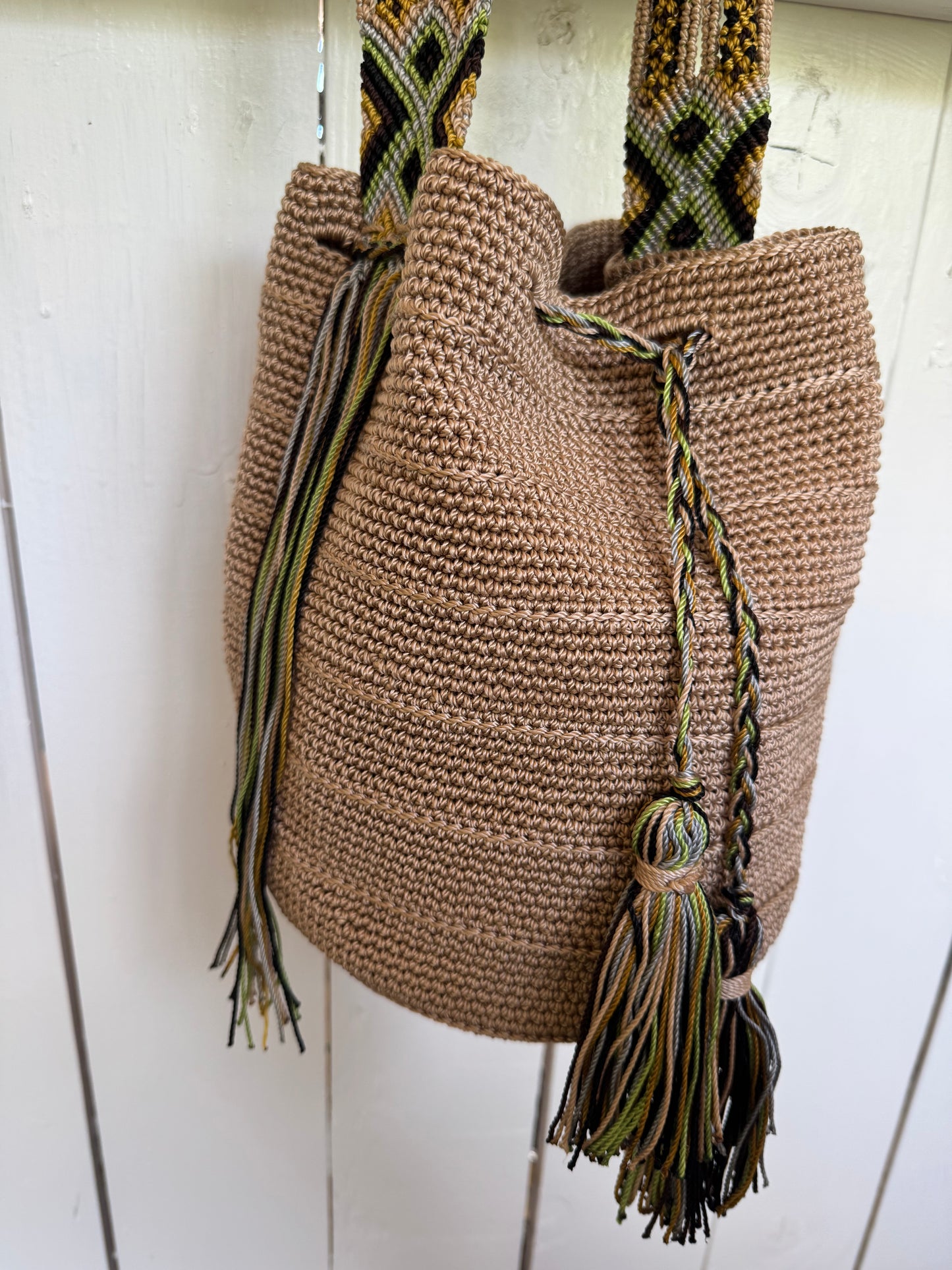 Mexican Handwoven Bucket Bag | Multi color Strap Tall Taupe Brown