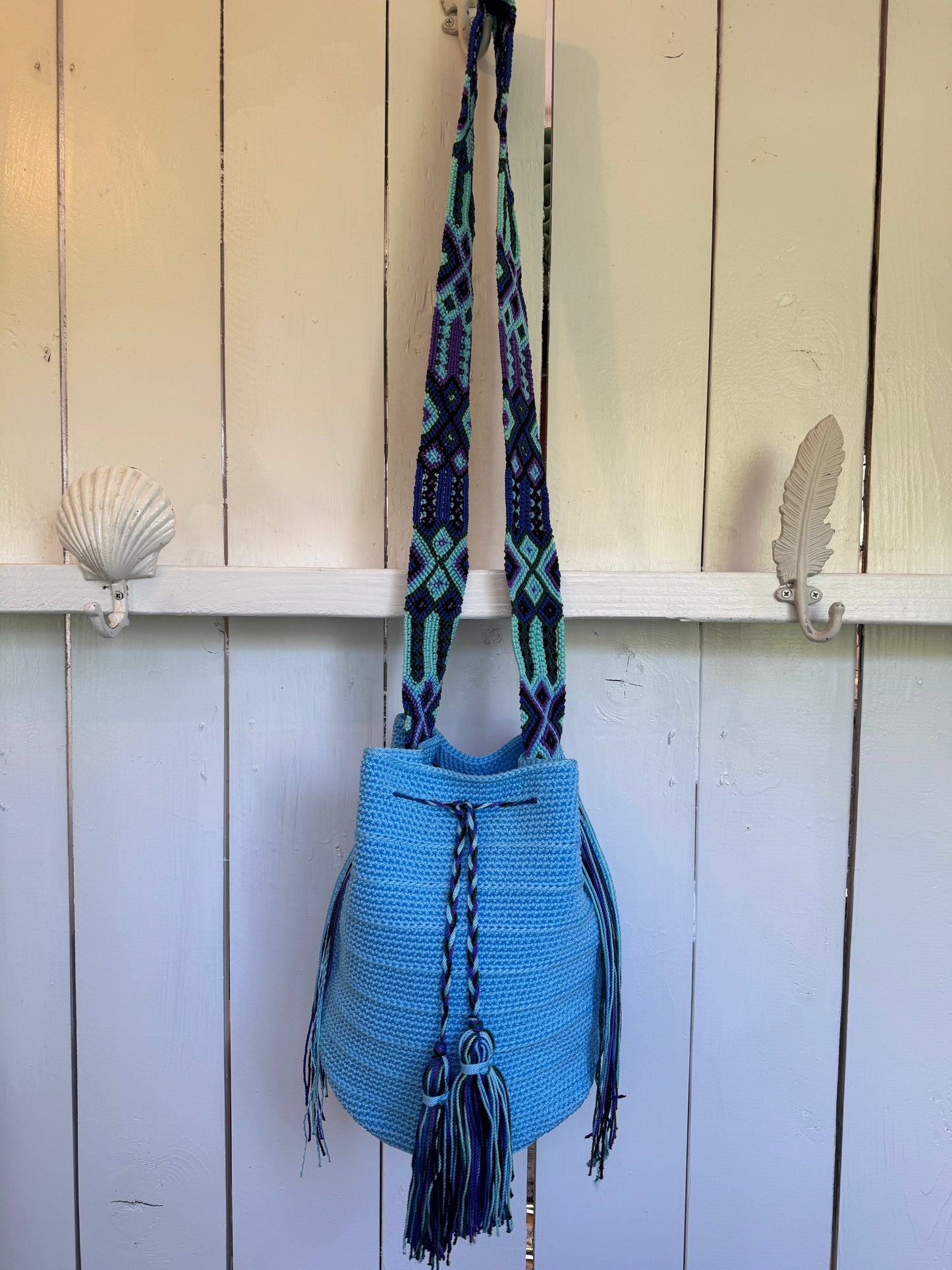 Mexican Handwoven Bucket Bag | Multi color Strap Tall Baby Blue