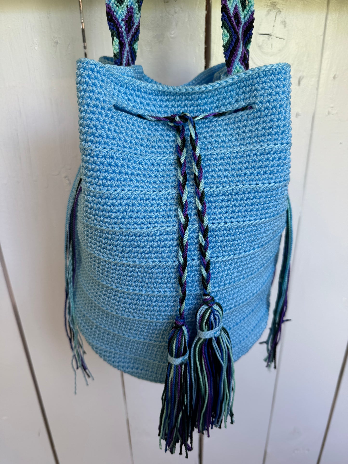 Mexican Handwoven Bucket Bag | Multi color Strap Tall Baby Blue