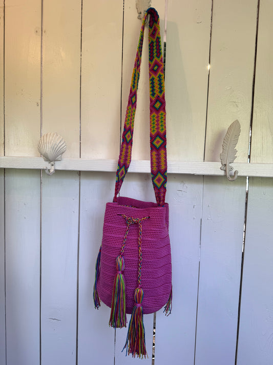 Mexican Handwoven Bucket Bag | Multi color Strap Tall Hot Pink