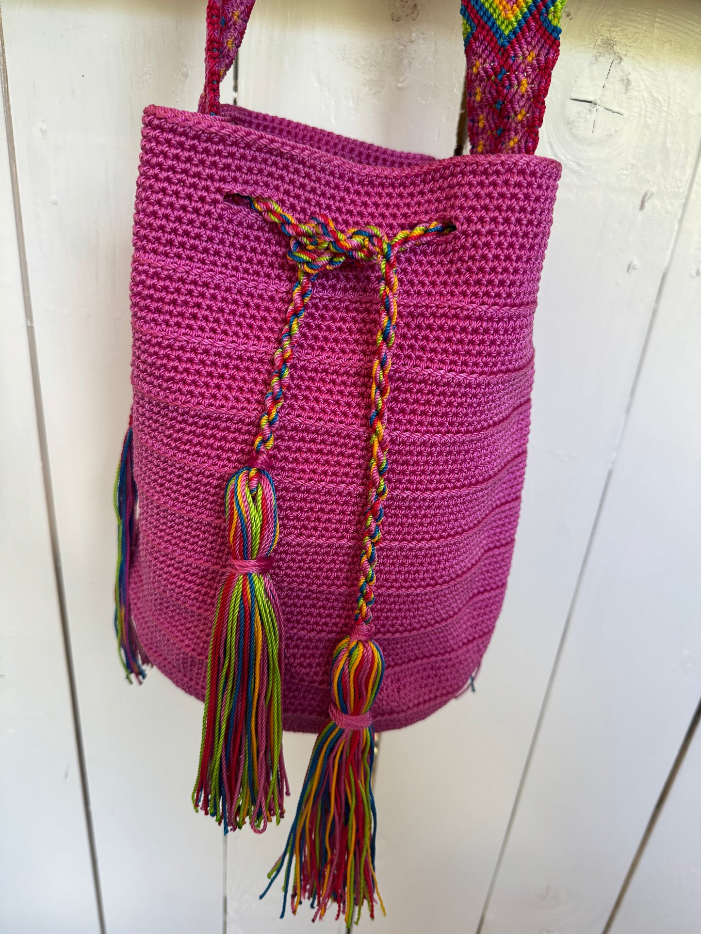 Mexican Handwoven Bucket Bag | Multi color Strap Tall Hot Pink