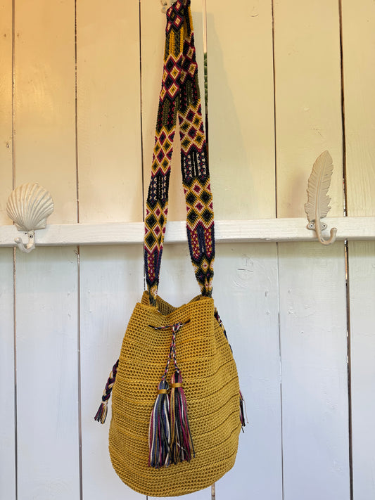 Mexican Handwoven Bucket Bag | Multi color Strap Tall Mustard Yellow