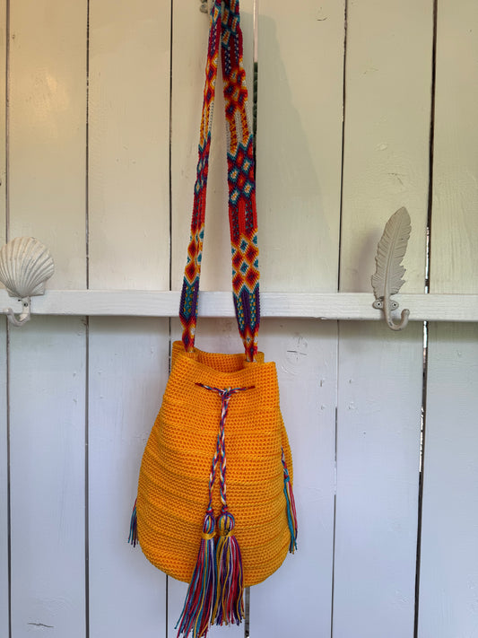 Mexican Handwoven Bucket Bag | Multi color Strap Tall Sunset Yellow